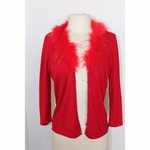 Red Boa Feather Cardigan
